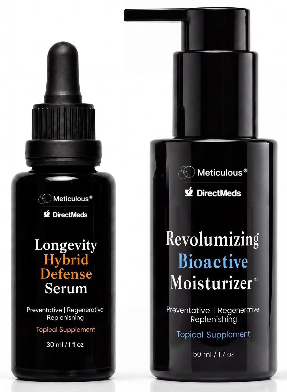 Illustrative co-branded serum and moisturizer with the partner's name on the label